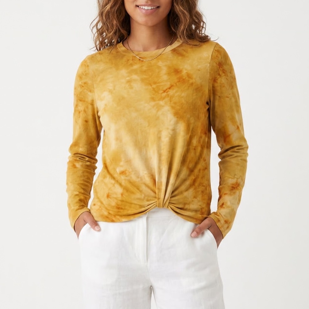 Belle du Jour Mustard Yellow Tie Dye Front Twist Long Sleeve Top Large